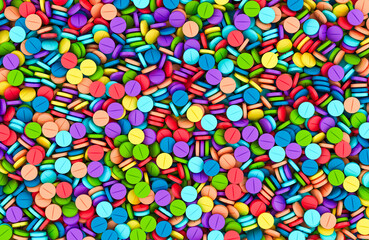 Colorful pills top view, background. 3D rendering