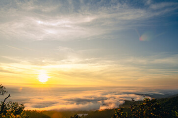 Beautiful sunrise scenery, sea of ​​mist and mountains in the countryside of Phayao Province, Northern Thailand.