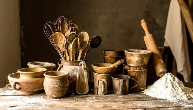 Rustic Vintage Baking Still Life: Earthenware, Wooden Utensils, Flour, and Rolling Pin
