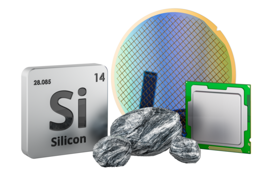 Periodic table silicon element symbol, raw silicon stones, blue silicon wafer and computer processor. 3D rendering