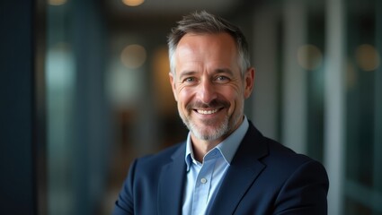Smiling middle-aged man with grey hair and a beard, wearing a blue suit jacket and shirt, posed in a modern office setting with soft lighting and bokeh effects, exuding confidence and professionalism.