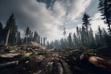 Deforestation area with tree trunks and stumps. Environmental destruction. Ecological problem. Global warming. Climate change. Biodiversity loss. Human impact on nature. Forest exploitation