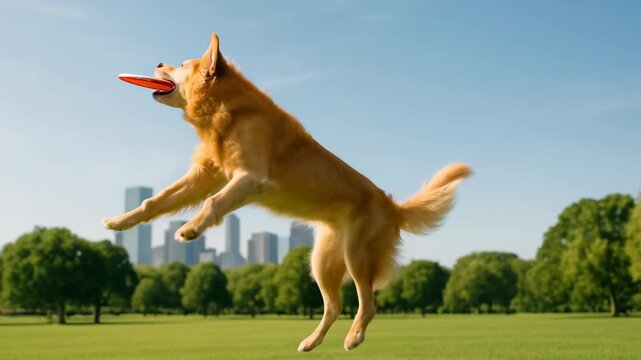 Golden retriever dog jumping to catch frisbee in city park on sunny day