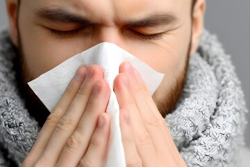 Sick man blowing nose into tissue suffering from cold or flu. Seasonal illness, allergies and healthcare. Sneezing into tissue paper. Runny nose. Patient. Seasonal influenza. Covid 