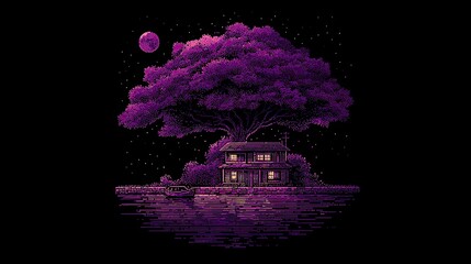 Obraz premium A pixelated, nighttime scene depicts a solitary house nestled beside a large, vibrant purple tree, near a body of water, lit by soft, interior light, under a full moon.