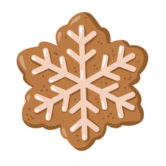 Sweet snowflake-shaped gingerbread cookie with white icing. Winter Hand drawn vector isolated illustration.