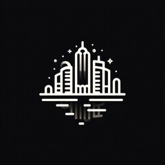 Fototapeta premium Minimalist city skyline, white linear drawing, reflected on water, against a dark backdrop
