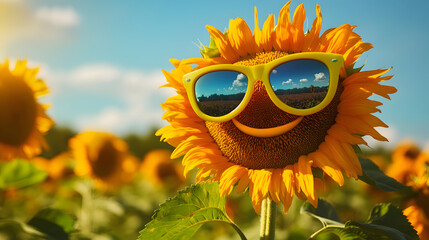 A cheerful orange sunflower with a beaming smile dons oversized yellow sunglasses with reflective blue lenses, glowing under the golden sunlight.