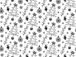 Seamless hand drawn Christmas pattern with trees, gifts, and ornaments. Outline vector background. 