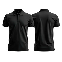 Front and back view of a plain black polo shirt, short sleeves, buttoned collar