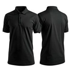 Front and back view of a black polo shirt on a dark background