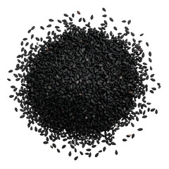 Overhead view of a dark, compact pile of small, oblong seeds against a black backdrop