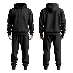 Front and back view of a blank black hoodie and sweatpants tracksuit on a person