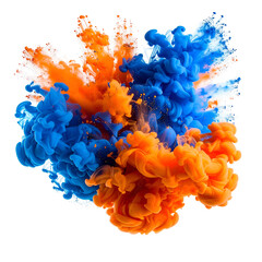 Vibrant blue and orange clouds of fluid form a dynamic and colorful explosion against black