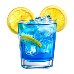 Vibrant blue cocktail with ice and lemon slices. Clear glass, dark background