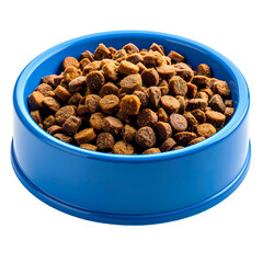 A full, bright blue bowl containing brown, dry, kibble-like food. Food rests on a black background