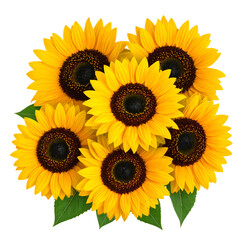 A vibrant bouquet of six sunflowers with lush yellow petals and dark brown centers