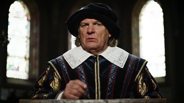 Stern historical orator in rich velvet costume and black hat delivering an impactful speech or monologue from a dimly lit ancient hall with stained glass window