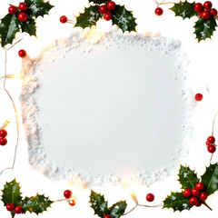 A white, textured square edged by holly leaves with red berries on a black background