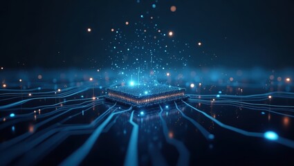 A glowing central processing unit illuminates with vibrant blue and orange lights against a dark, abstract background; digital data streams across the surface.