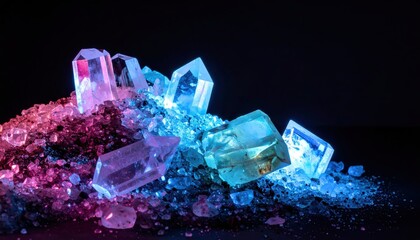Sparkling crystalline structures form a colorful, glowing cluster against a dark background, reflecting light and creating an ethereal ambiance.