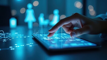 Hand interacts with a digital tablet interface showcasing data visualization in a futuristic setting, illuminated by cool, blue lighting.