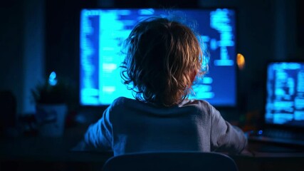 A small child sits in front of a computer screen. The curly boy is learning programming and binary code. Concept of IT education for kids, modern technology - Powered by Adobe