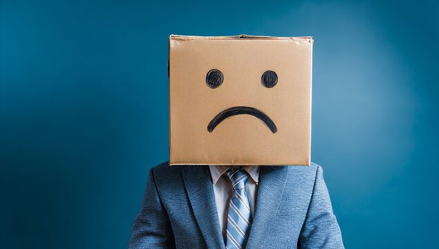 Blue Monday Background. Feelings Of Sadness, Loneliness, Melancholy, Depressing, Disappointment, Or Stress. Close-up Image of a Man Covering His Head with a Blue Paper Bag, Illustrated with a Sad Face