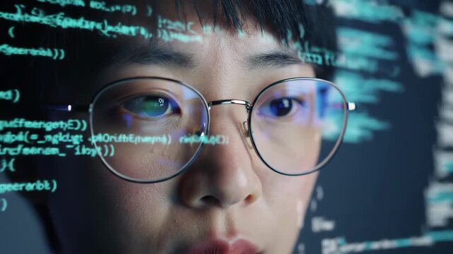 Close up of Asian woman wearing glasses reflecting glowing digital code in dark room