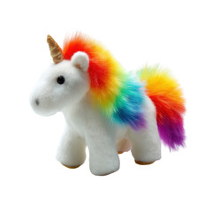 Fluffy unicorn toy with rainbow mane on white background