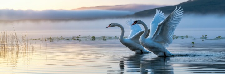 Fototapeta premium Elegant Swans on Misty Lake at Sunrise - Serene Nature Wildlife Photography, Tranquil Water Reflection, Peaceful Morning Scene