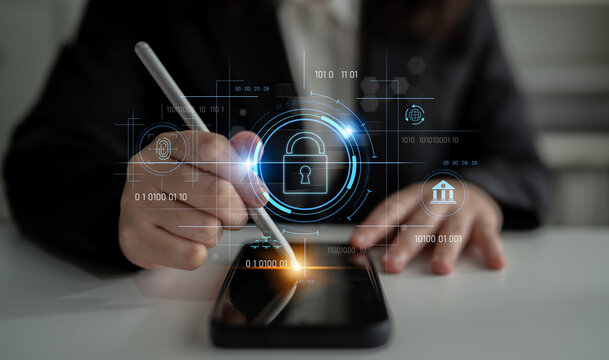 Cybersecurity system interface with biometric lock and data protection. Cybersecurity protects access, identity, cyber security prevents threats, and cyber security supports digital systems. Latch - Powered by Adobe