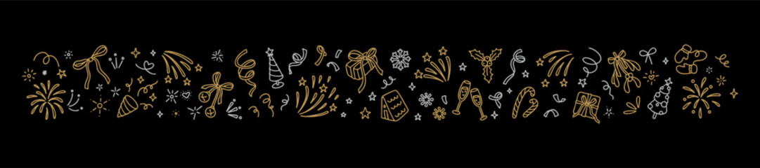 Festive firework rectangle cute line doodle background. Glitter, celebration lights, tinsel, twinkle crayon scribble and squiggle. Marry Christmas and Happy New Year greeting card. Magic motion effect