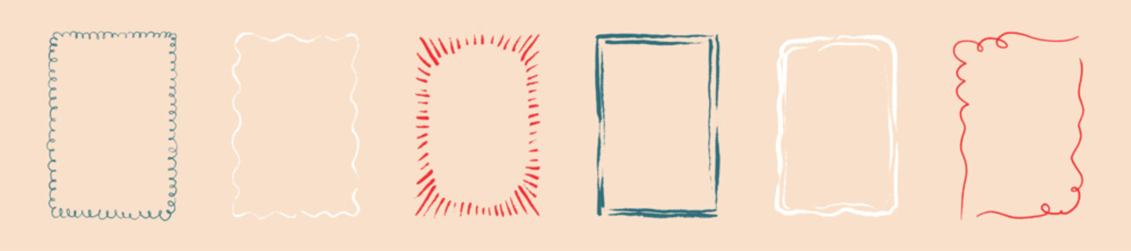 Set of rectangle hand drawn doodle distress grunge frames. Chalk, charcoal, pencil, pastel, crayon whimsical hand drawn border. Wavy scallop funky shape. Text box for greeting cards, menu, invitation