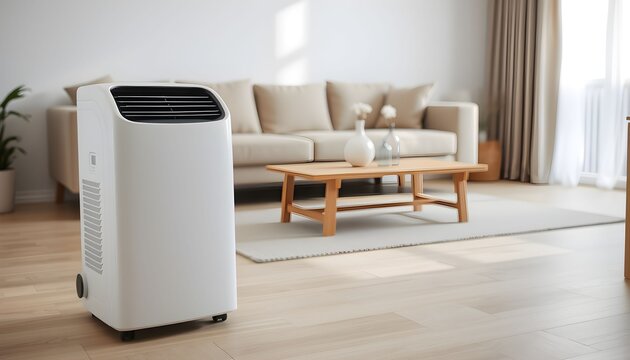 A white portable air conditioner stands on a wooden floor in a bright, contemporary living room.