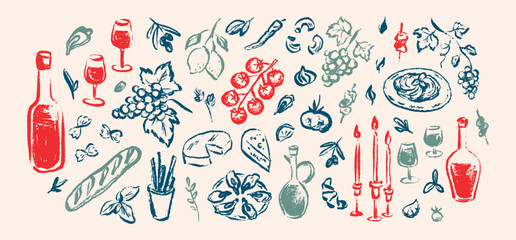 Red wine hand drawn charcoal, paintbrush, crayon hand drawn background. Italian, mediterranean greek, French restaurant menu design. Wine and oysters, pasta, Spanish tapas poster. Chalk grape drawing