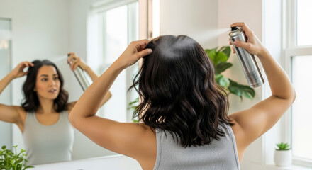 Woman styling hair with spray in bright bathroom.