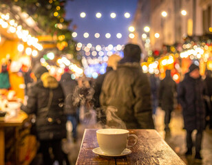 A coffee cup in close up with people at christmas night in the background