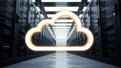 Digital Cloud Icon Above Server Racks In Data Center With Blue Lights - Powered by Adobe