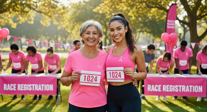 Women participate in a breast cancer awareness race event