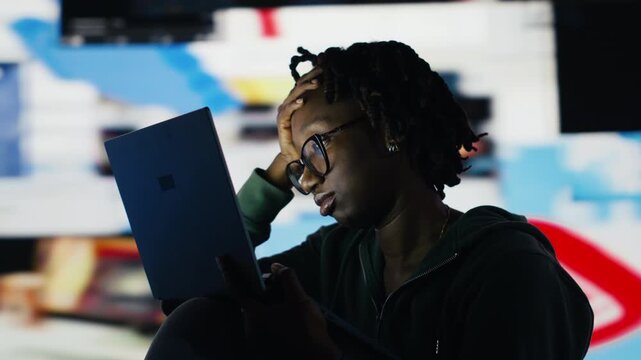 Woman looking at laptop screen with dull expression, showing boredom and lack of motivation while browsing internet. African american person looking uninterested at notebook display