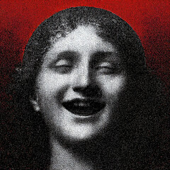 Creepy Sinister Grin Face Engraving on Red Background