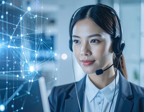 Woman wearing headset in office, network graphic overlay