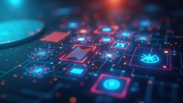 Intricate digital illustration showcases a circuit board, featuring glowing lines and squares with symbols in blue and red hues, creating a futuristic and tech-focused design.