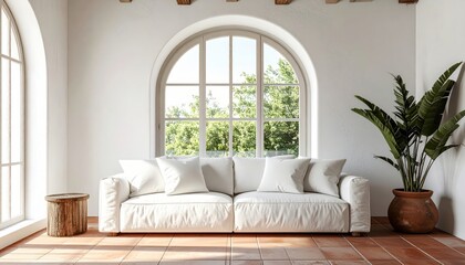 Cozy living room interior featuring a white sofa with pillows and potted plants, set against a large arched window offering a view of lush green trees, creating a bright and inviting atmosphere.