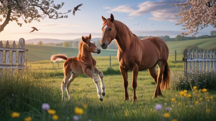 Fototapeta premium Beautiful Mother Horse and Playful Foal in Blooming Countryside Pasture at Sunrise with Birds and Wooden Fence - Spring Farm Scene