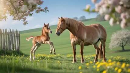 Fototapeta premium Beautiful Spring Scene with Mare and Playful Foal in Blooming Meadow on Sunny Day - Idyllic Rural Landscape Photography