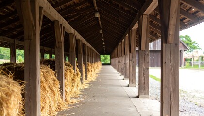Wooden barn aisle filled with hay bales