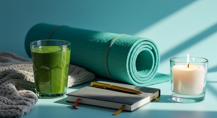 Wellness scene with smoothie yoga mat journal pen and candle for relaxation on transparent background