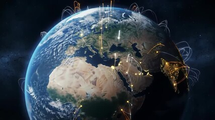 Global Network Connections Data Flow Over Earth Planet Night and Day - Powered by Adobe